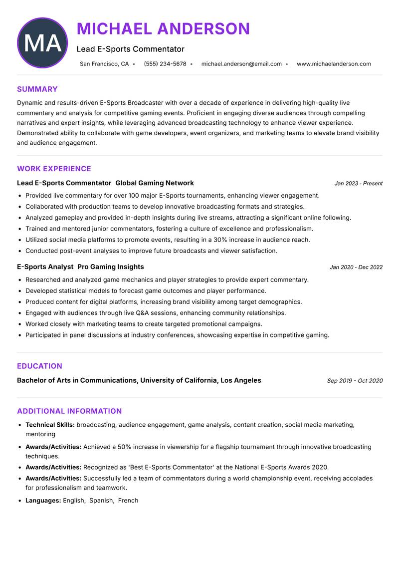 E-Sports Broadcaster resume example