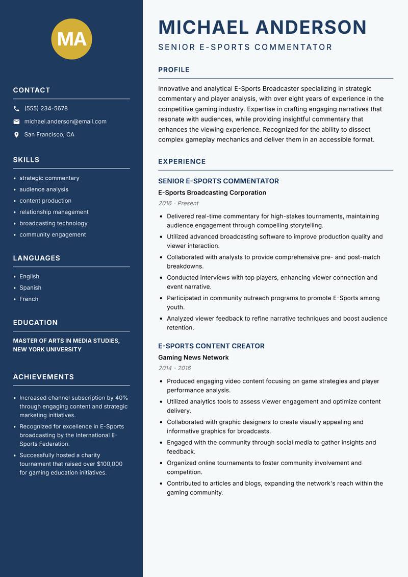 E-Sports Broadcaster resume sample — Senior E-Sports Commentator focus