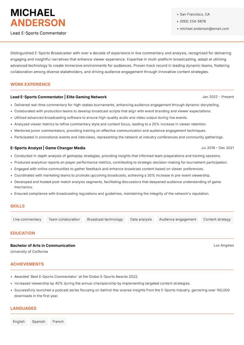 E-Sports Broadcaster resume sample — Lead E-Sports Commentator focus