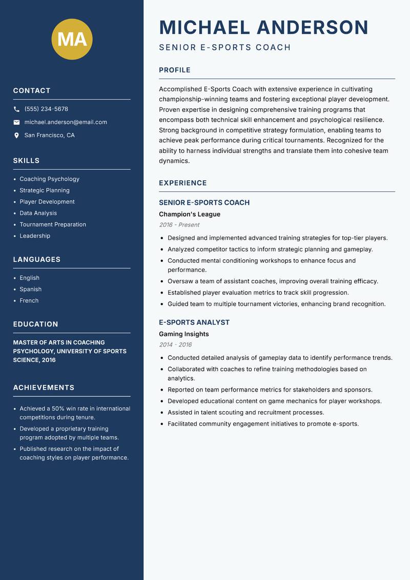 E-Sports Coach resume sample — Senior E-Sports Coach focus