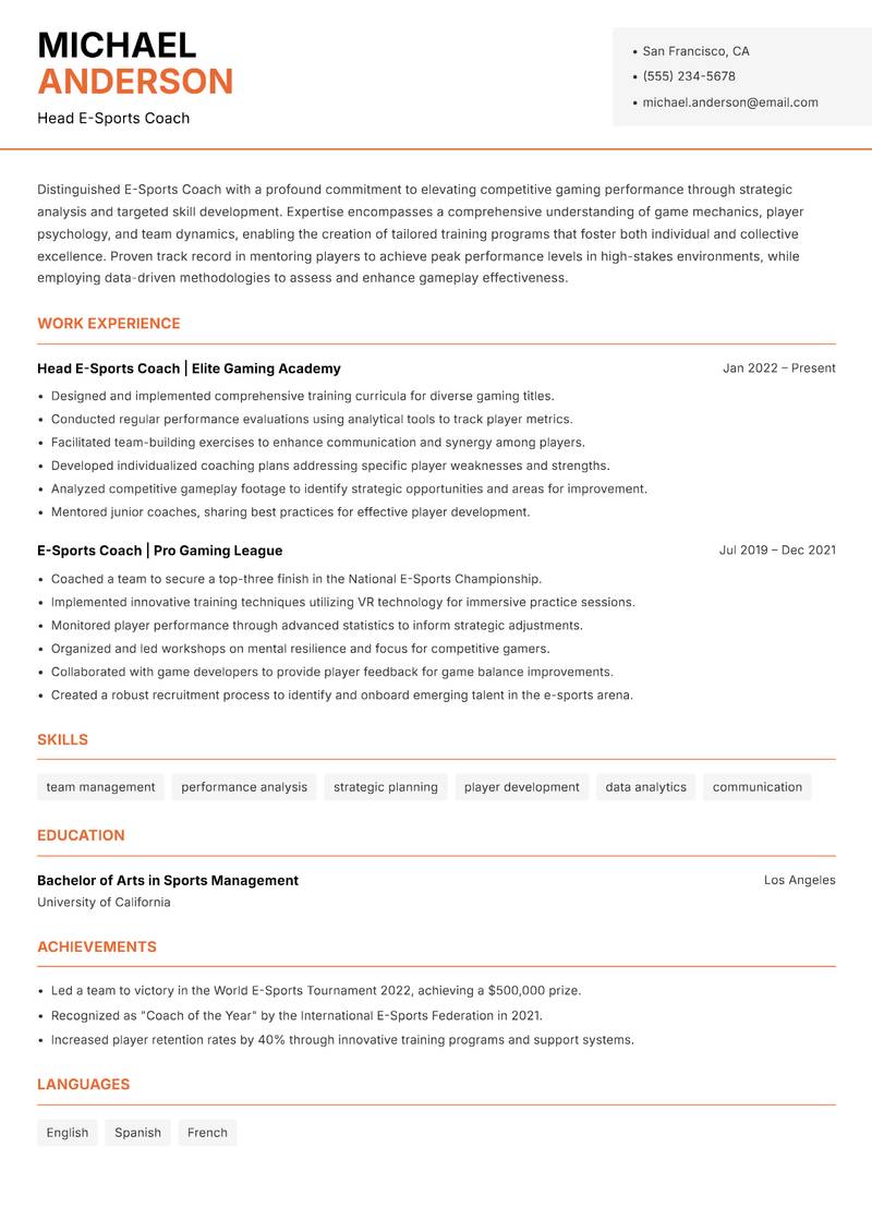 E-Sports Coach resume sample — Head E-Sports Coach focus