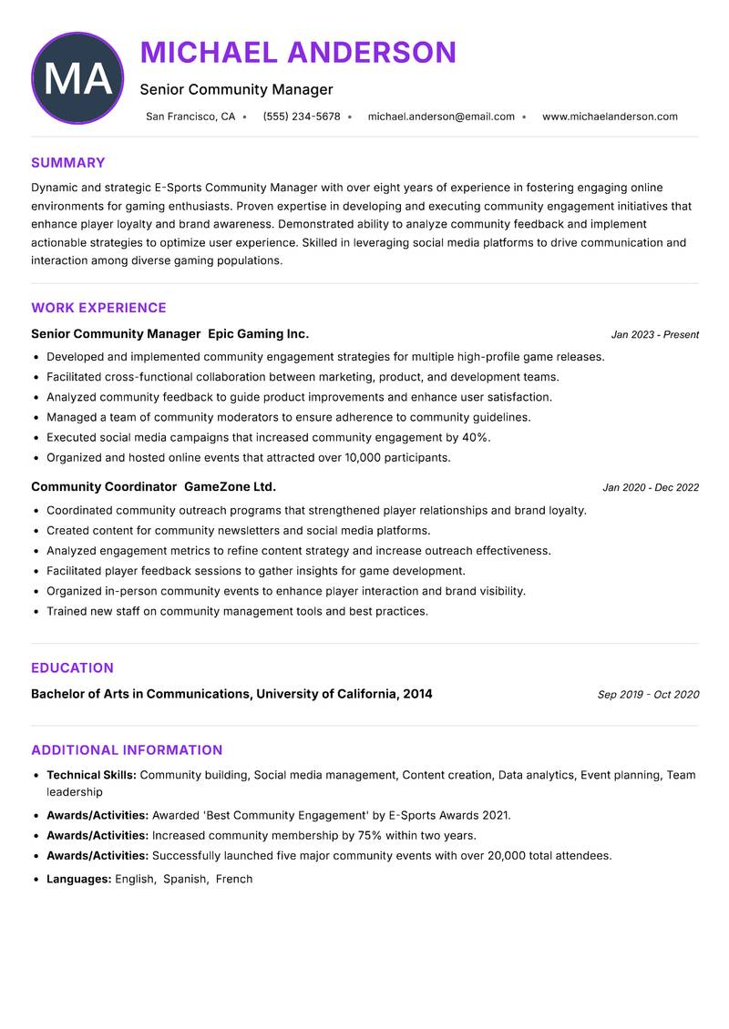 E-Sports Community Manager resume example