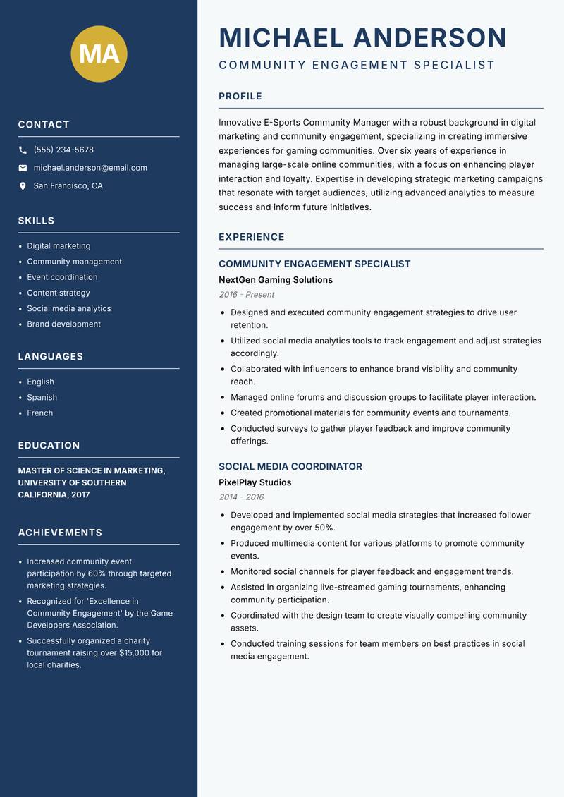 E-Sports Community Manager resume sample — Community Engagement Specialist focus