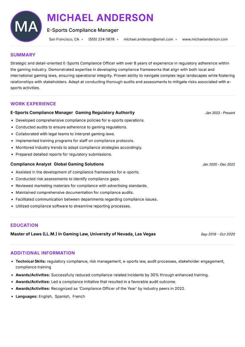E-Sports Compliance Officer resume example