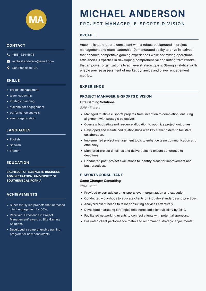 E-Sports Consultant resume sample — Project Manager, E-Sports Division focus
