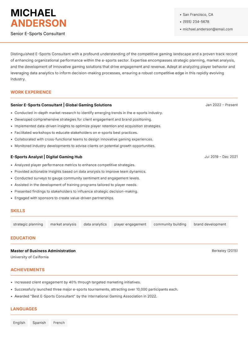 E-Sports Consultant resume sample — Senior E-Sports Consultant focus
