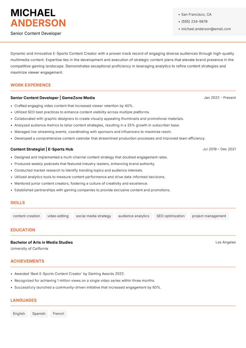 E-Sports Content Creator resume sample — Senior Content Developer focus