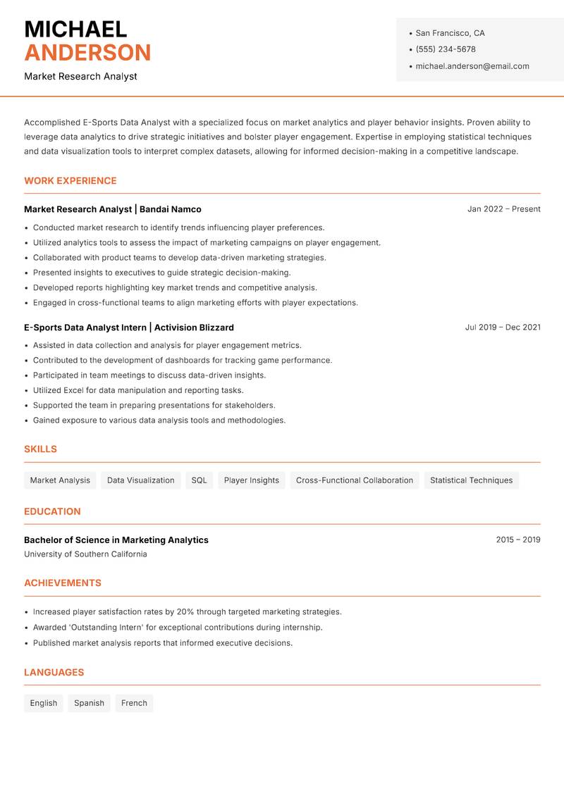 E-Sports Data Analyst resume sample — Market Research Analyst focus