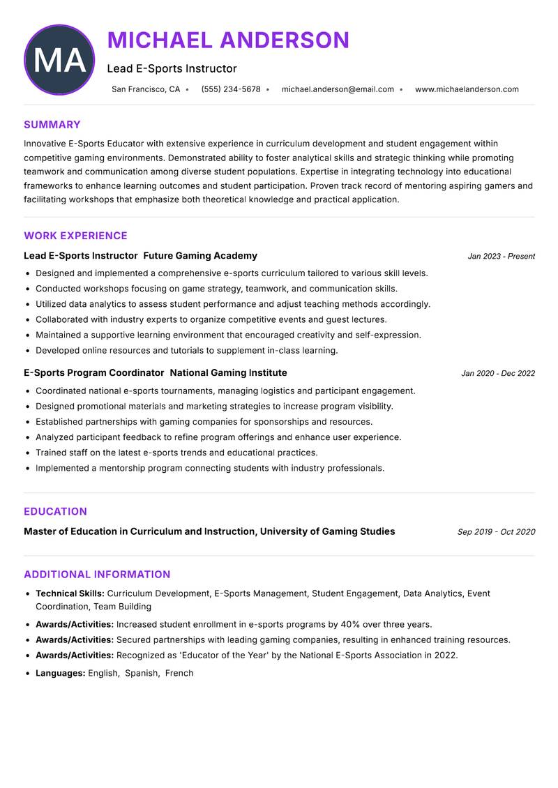 E-Sports Educator resume example