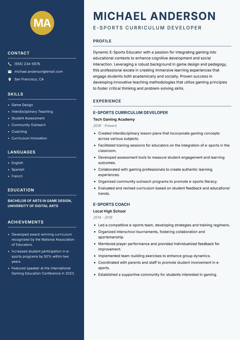 E-Sports Educator resume sample — E-Sports Curriculum Developer focus