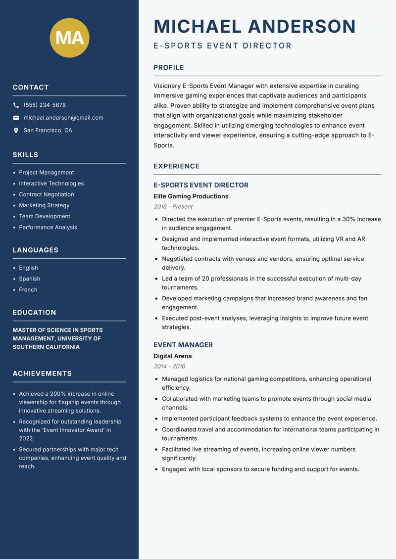 E-Sports Event Manager resume sample — E-Sports Event Director focus