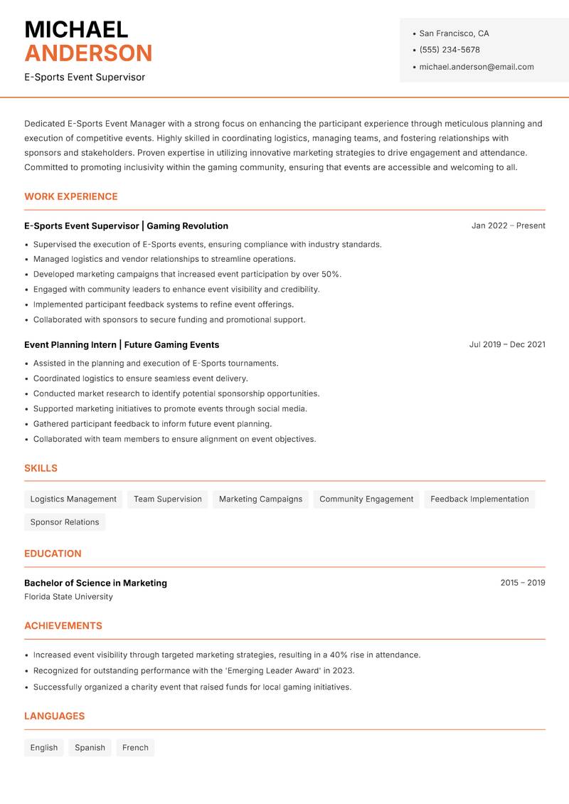 E-Sports Event Manager resume sample — E-Sports Event Supervisor focus