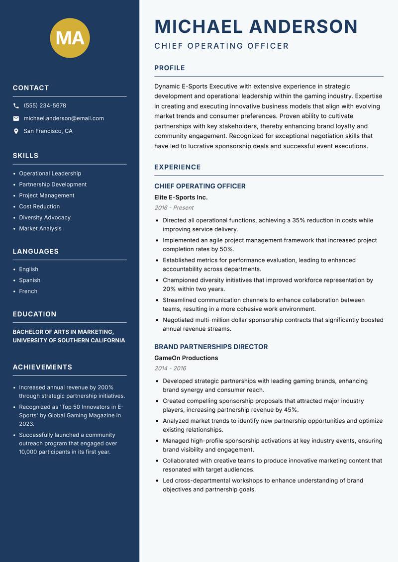 E-Sports Executive resume sample — Chief Operating Officer focus
