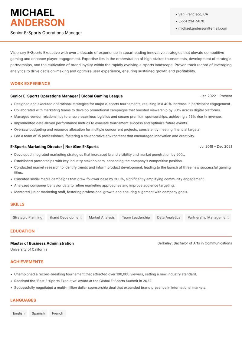 E-Sports Executive resume sample — Senior E-Sports Operations Manager focus