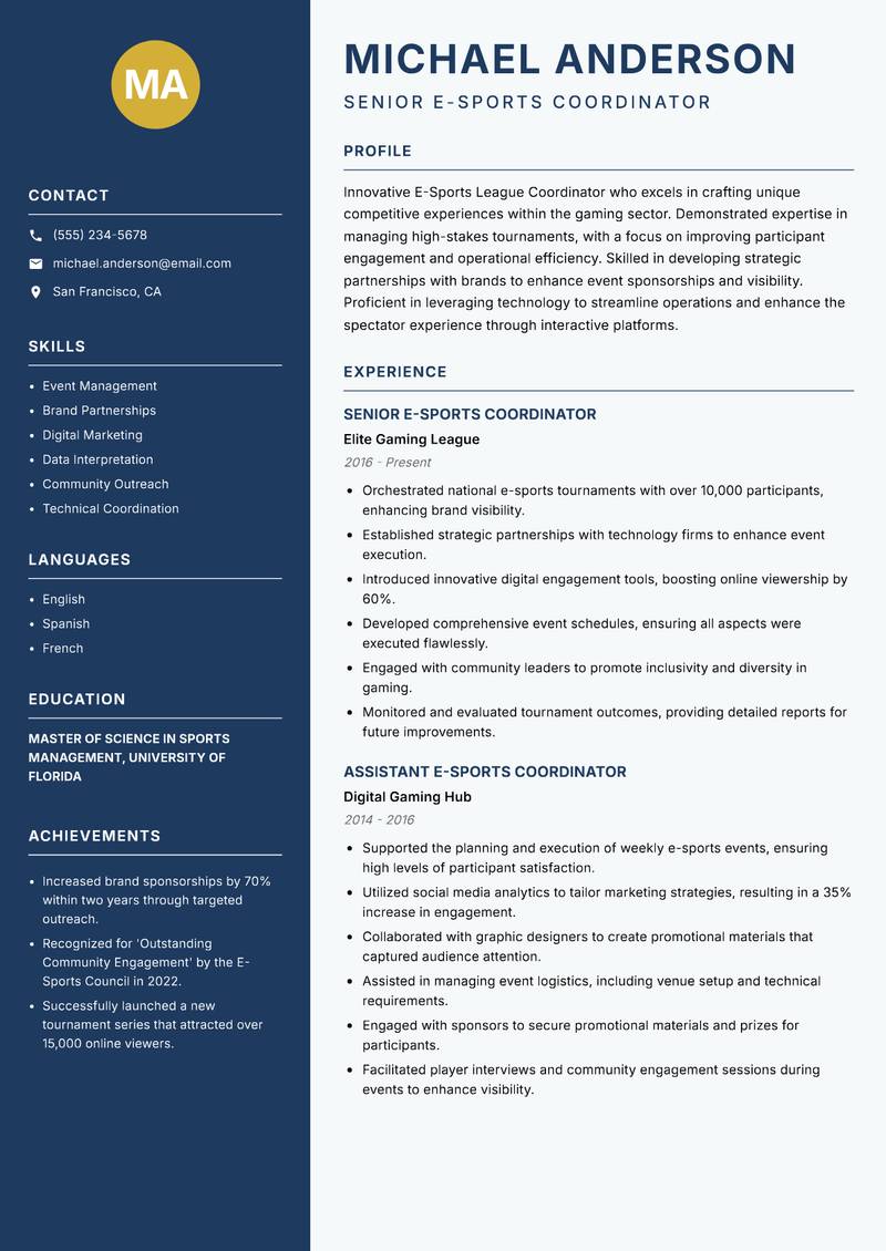 E-Sports League Coordinator resume sample — Senior E-Sports Coordinator focus
