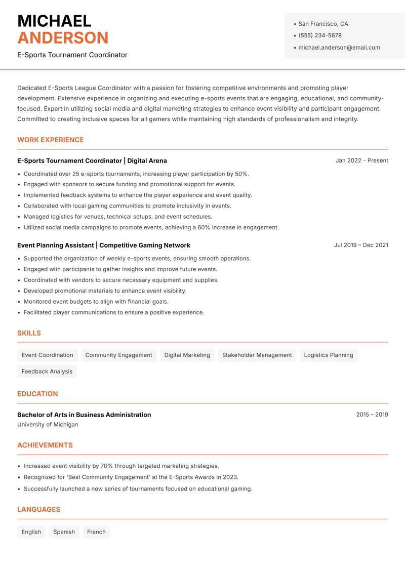 E-Sports League Coordinator resume sample — E-Sports Tournament Coordinator focus