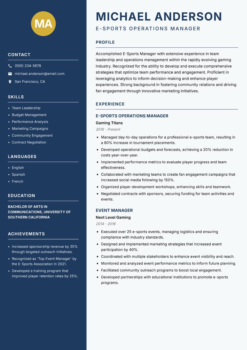 E-Sports Manager resume sample — E-Sports Operations Manager focus