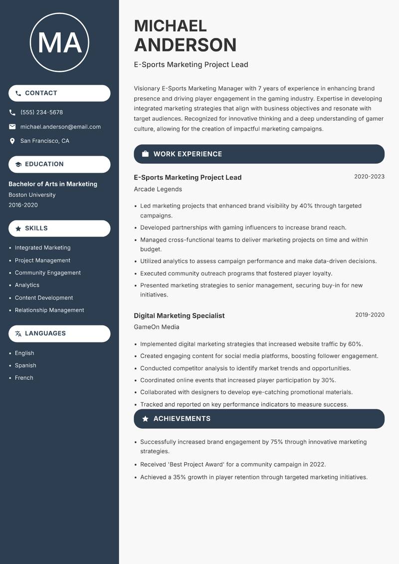 E-Sports Marketing Manager resume sample — E-Sports Marketing Project Lead focus