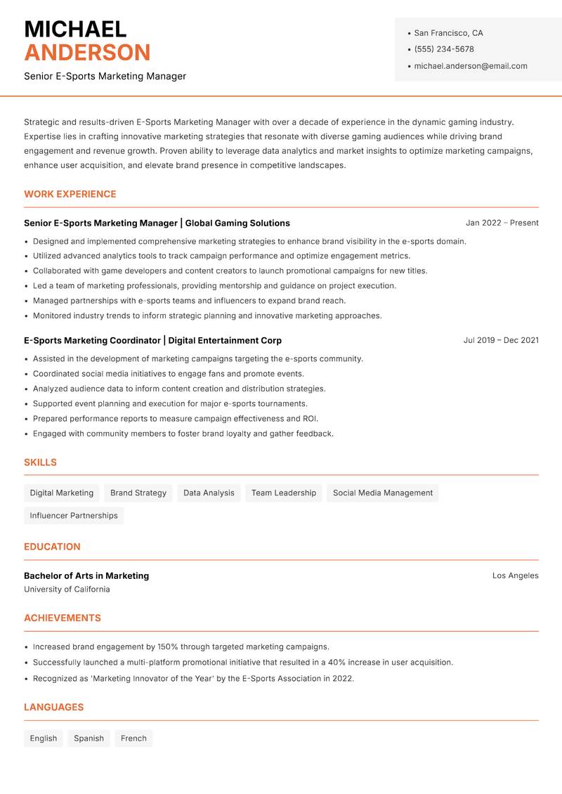 E-Sports Marketing Manager resume sample — Senior E-Sports Marketing Manager focus