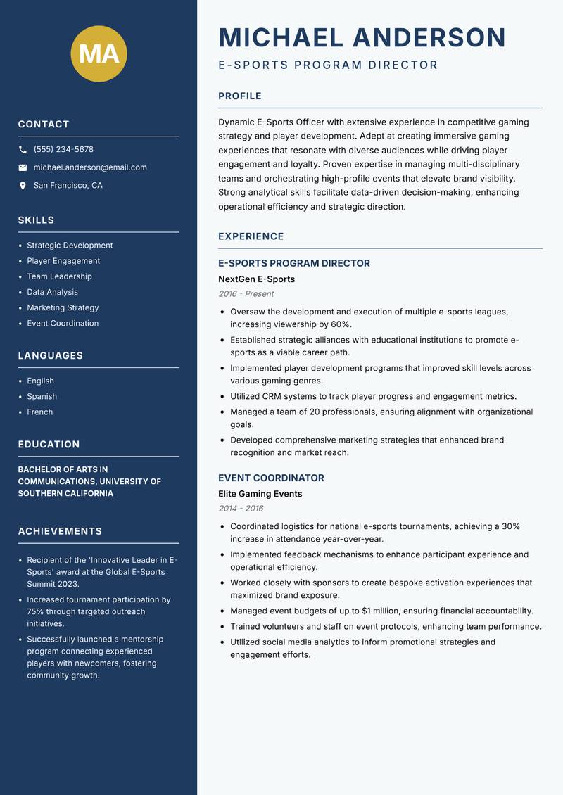 E-Sports Officer resume sample — E-Sports Program Director focus