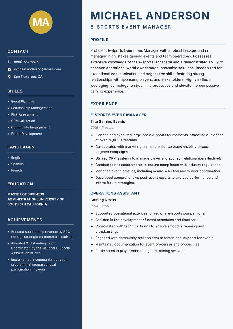 E-Sports Operations Manager resume sample — E-Sports Event Manager focus