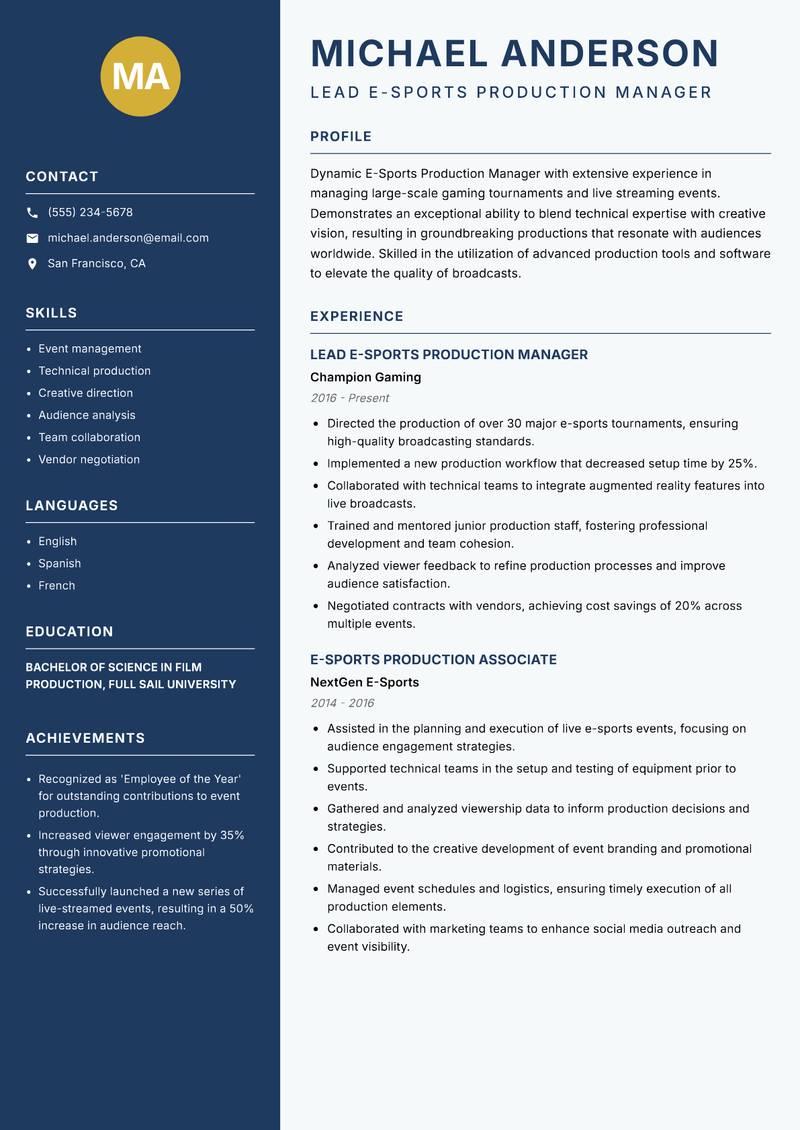 E-Sports Production Manager resume sample — Lead E-Sports Production Manager focus