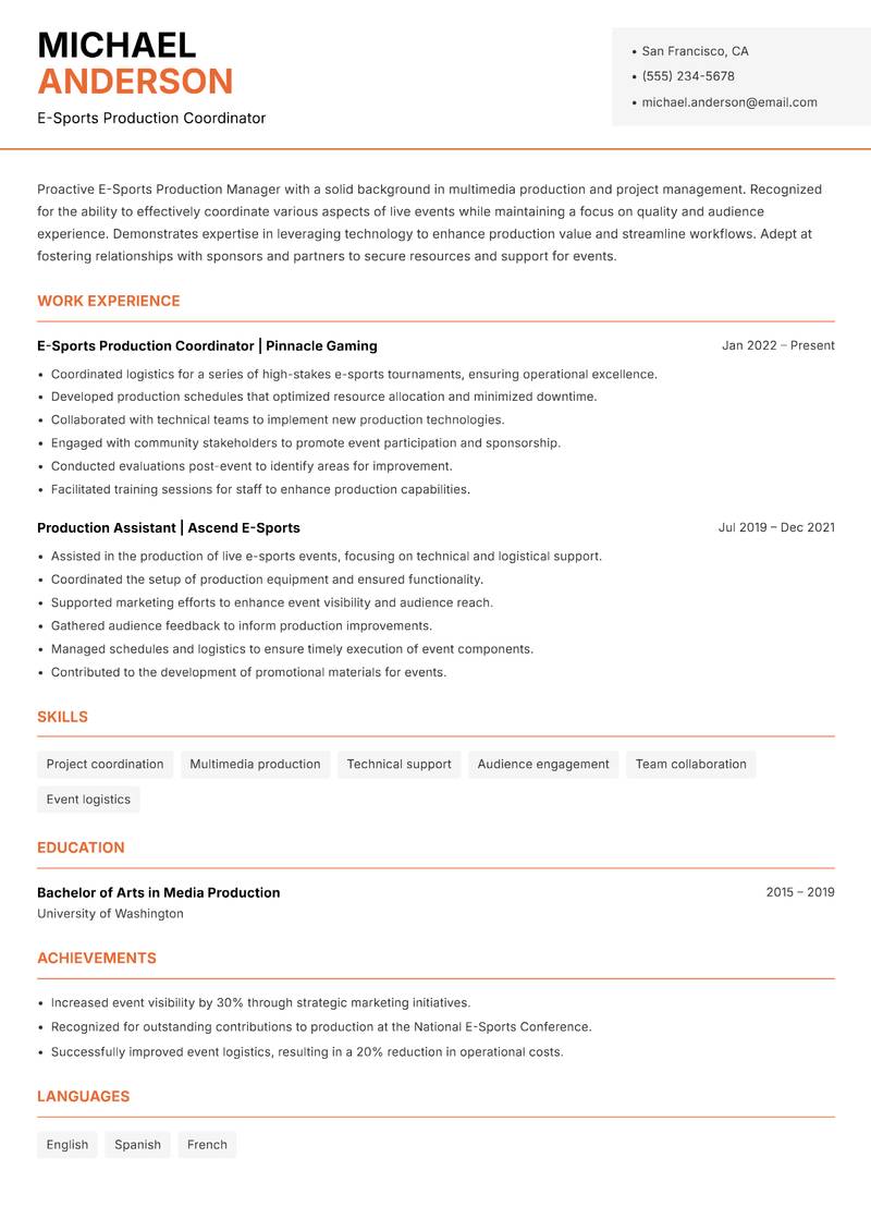 E-Sports Production Manager resume sample — E-Sports Production Coordinator focus