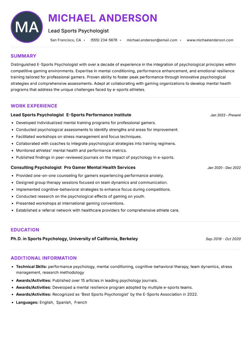 E-Sports Psychologist resume example