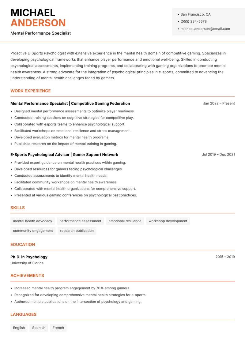 E-Sports Psychologist resume sample — Mental Performance Specialist focus