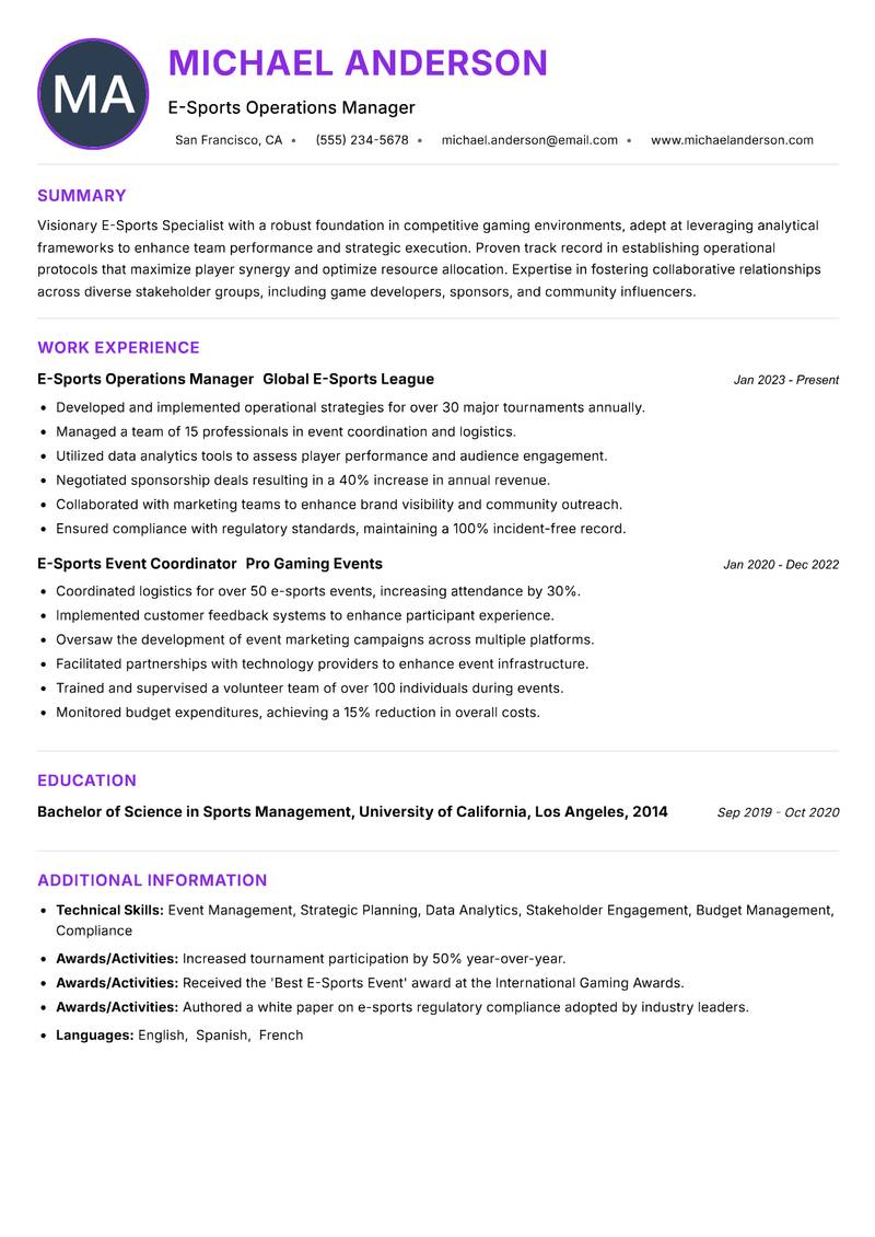 E-Sports Specialist resume example