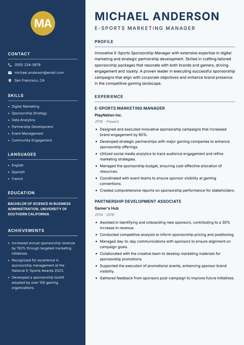 E-Sports Sponsorship Manager resume sample — E-Sports Marketing Manager focus