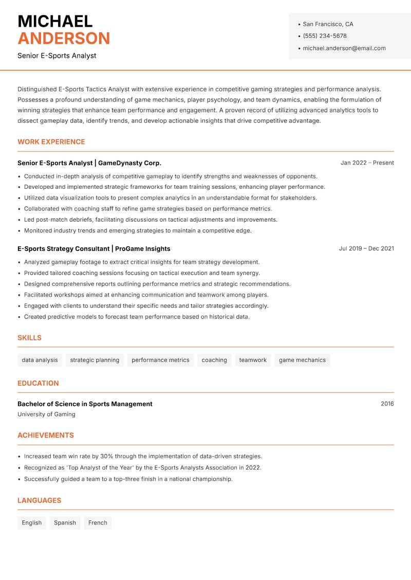 E-Sports Tactics Analyst resume sample — Senior E-Sports Analyst focus