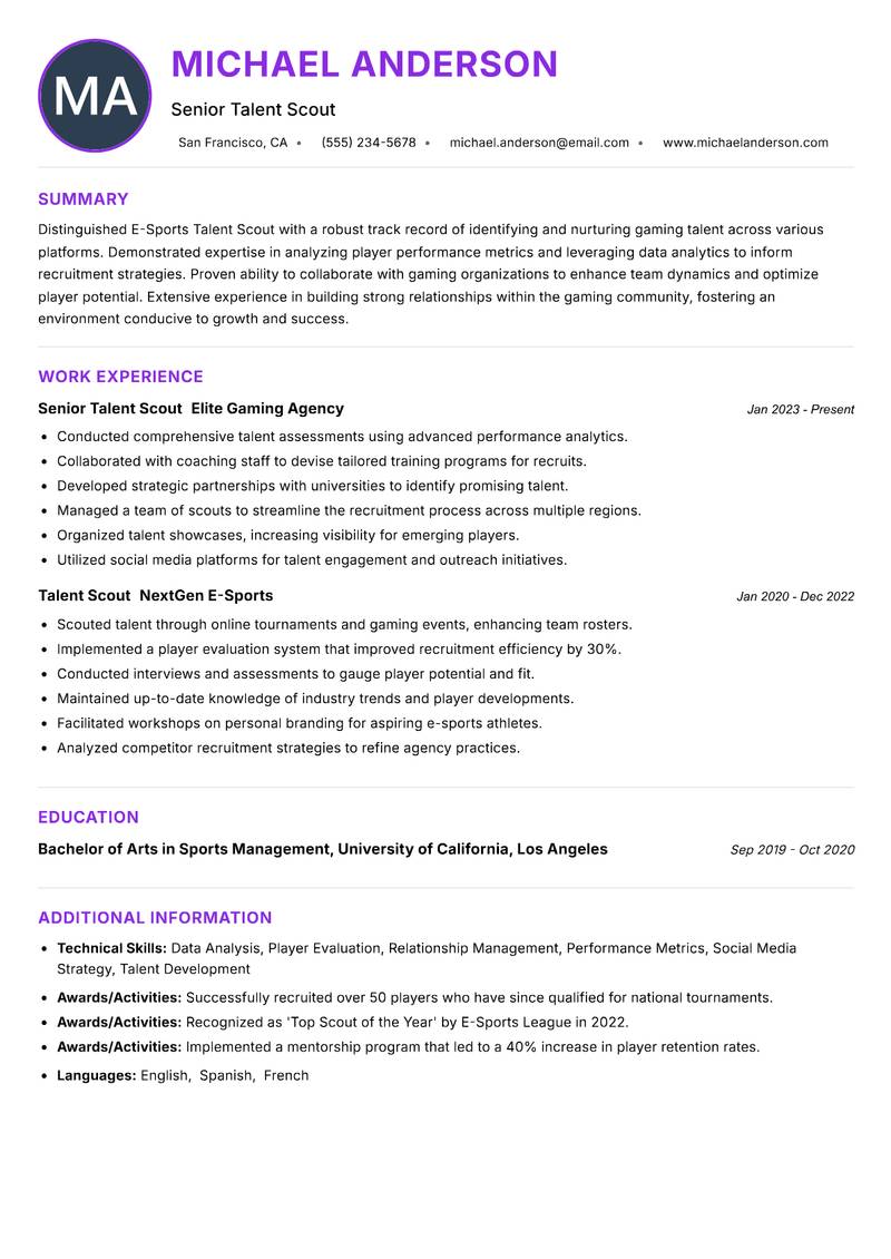 E-Sports Talent Scout resume example