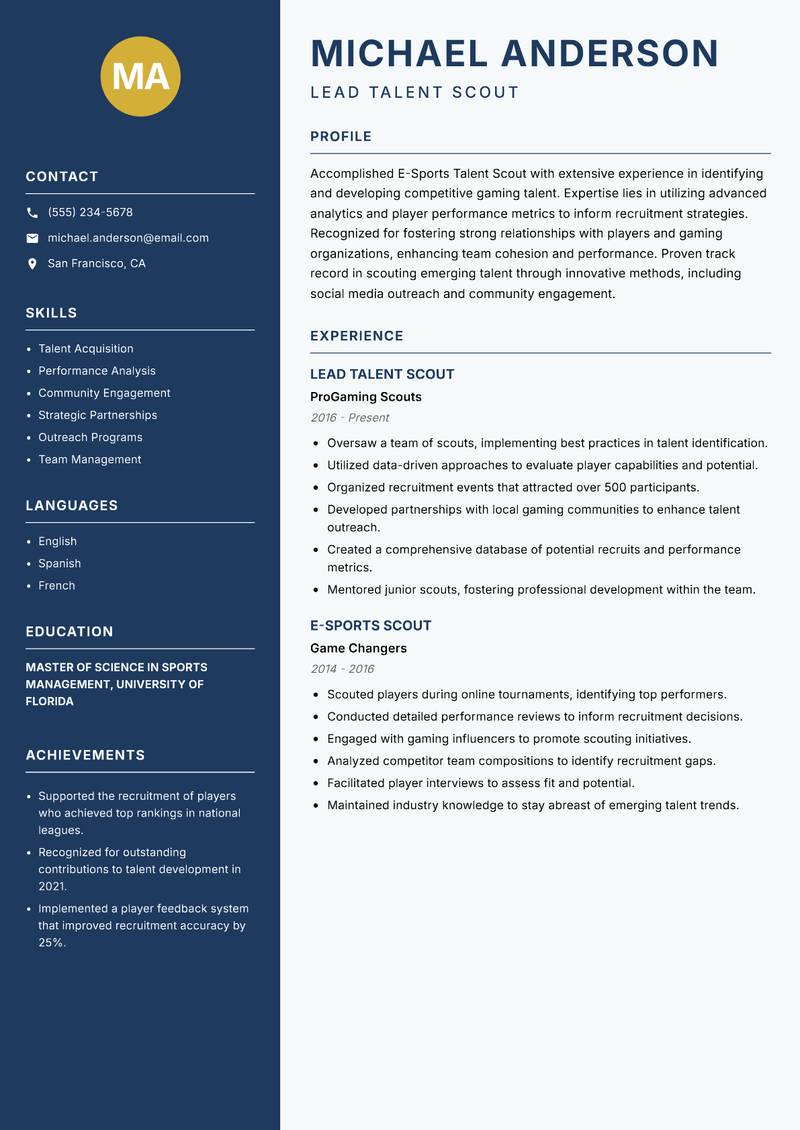 E-Sports Talent Scout resume sample — Lead Talent Scout focus
