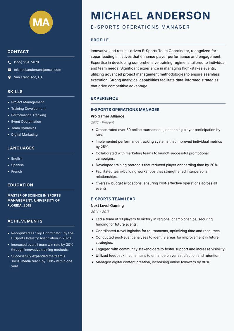 E-Sports Team Coordinator resume sample — E-Sports Operations Manager focus