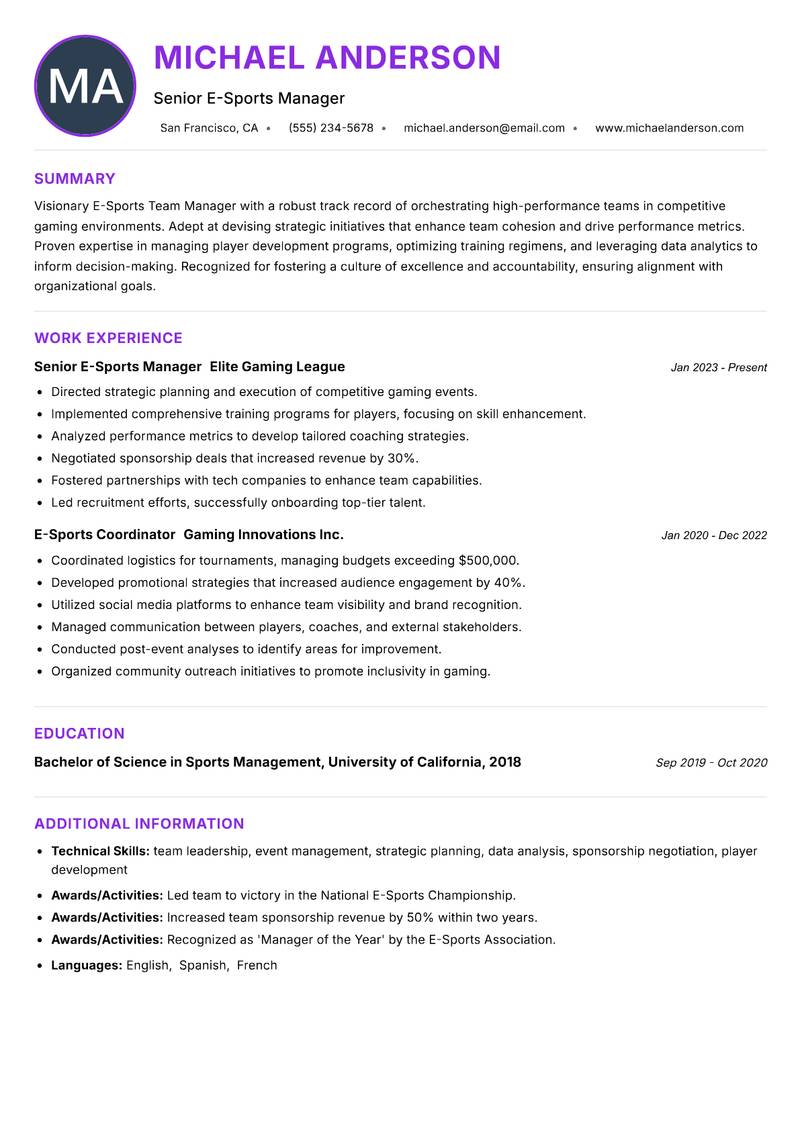 E-Sports Team Manager resume example