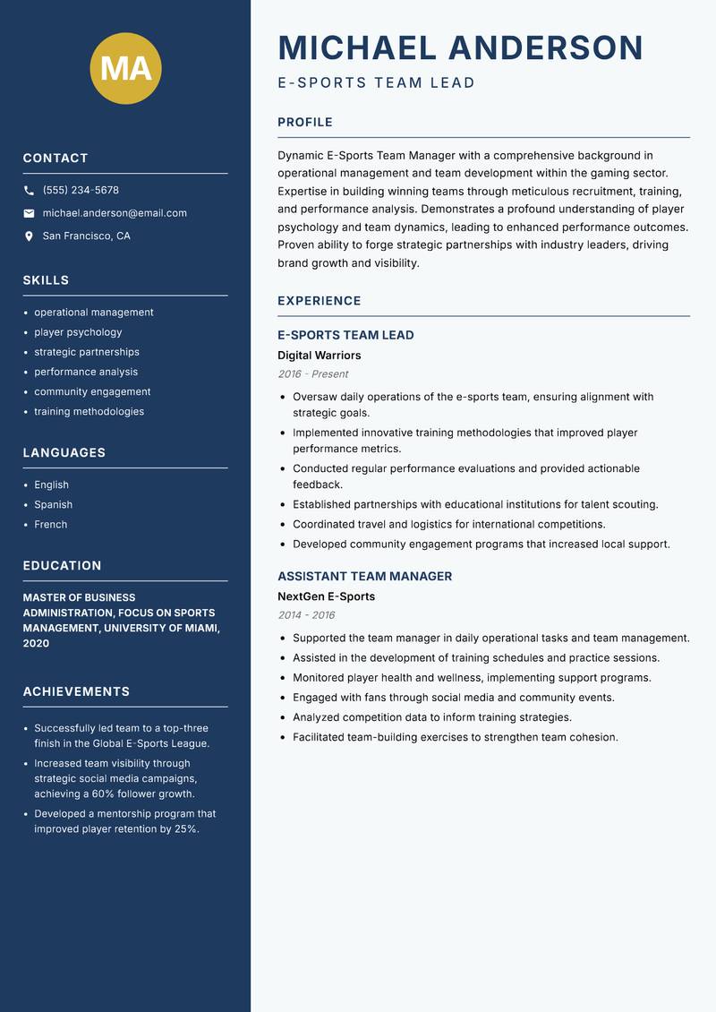 E-Sports Team Manager resume sample — E-Sports Team Lead focus