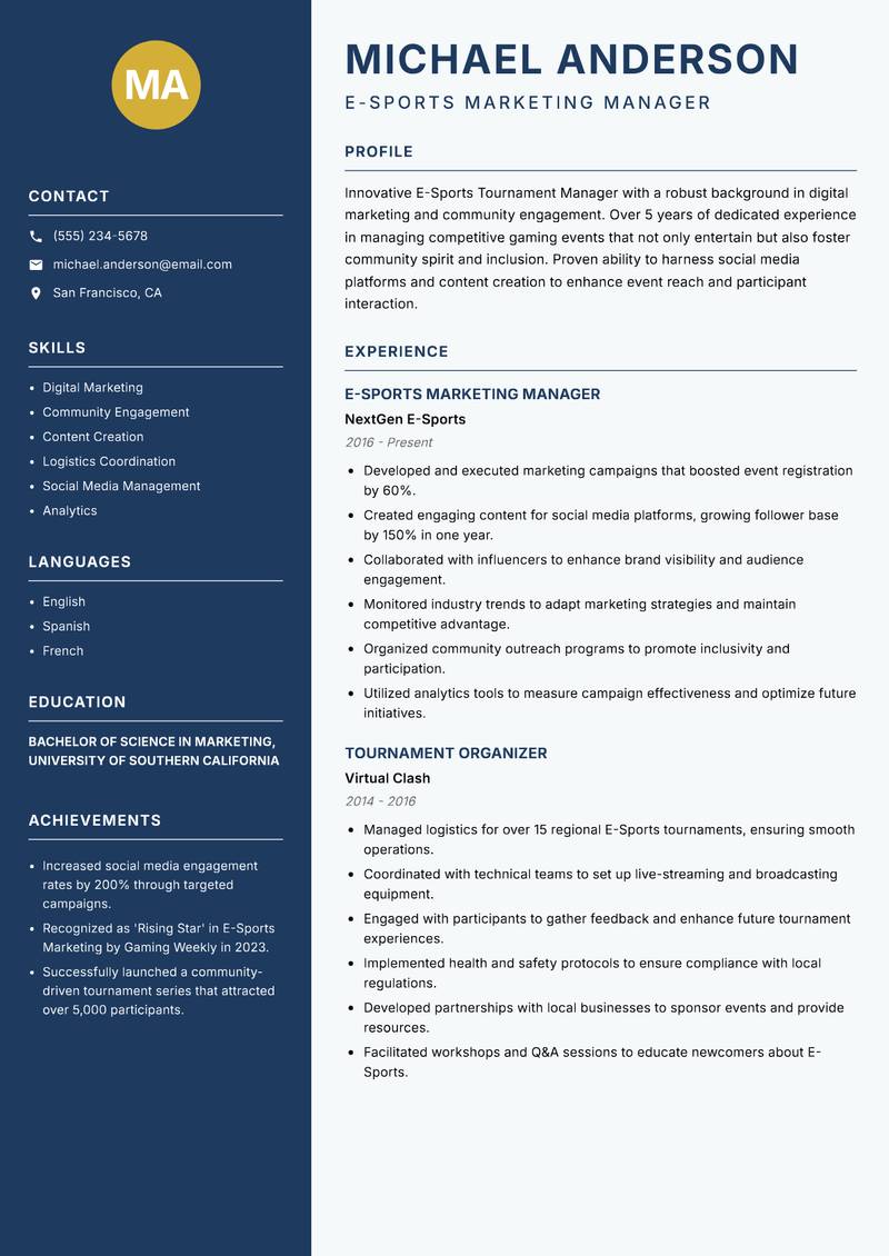 E-Sports Tournament Manager resume sample — E-Sports Marketing Manager focus