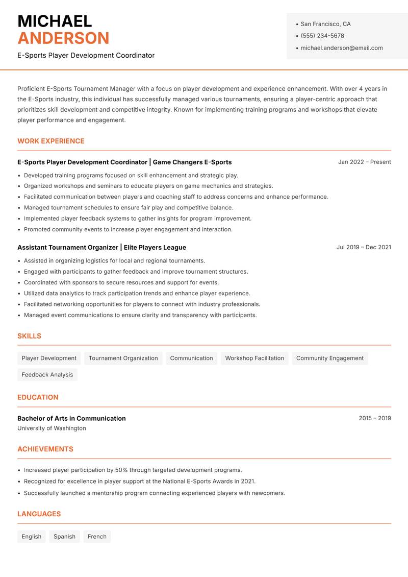 E-Sports Tournament Manager resume sample — E-Sports Player Development Coordinator focus