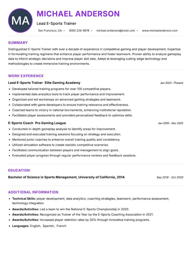 E-Sports Trainer resume example