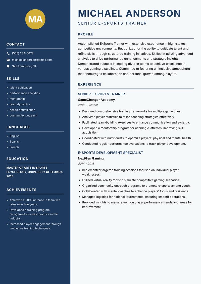 E-Sports Trainer resume sample — Senior E-Sports Trainer focus