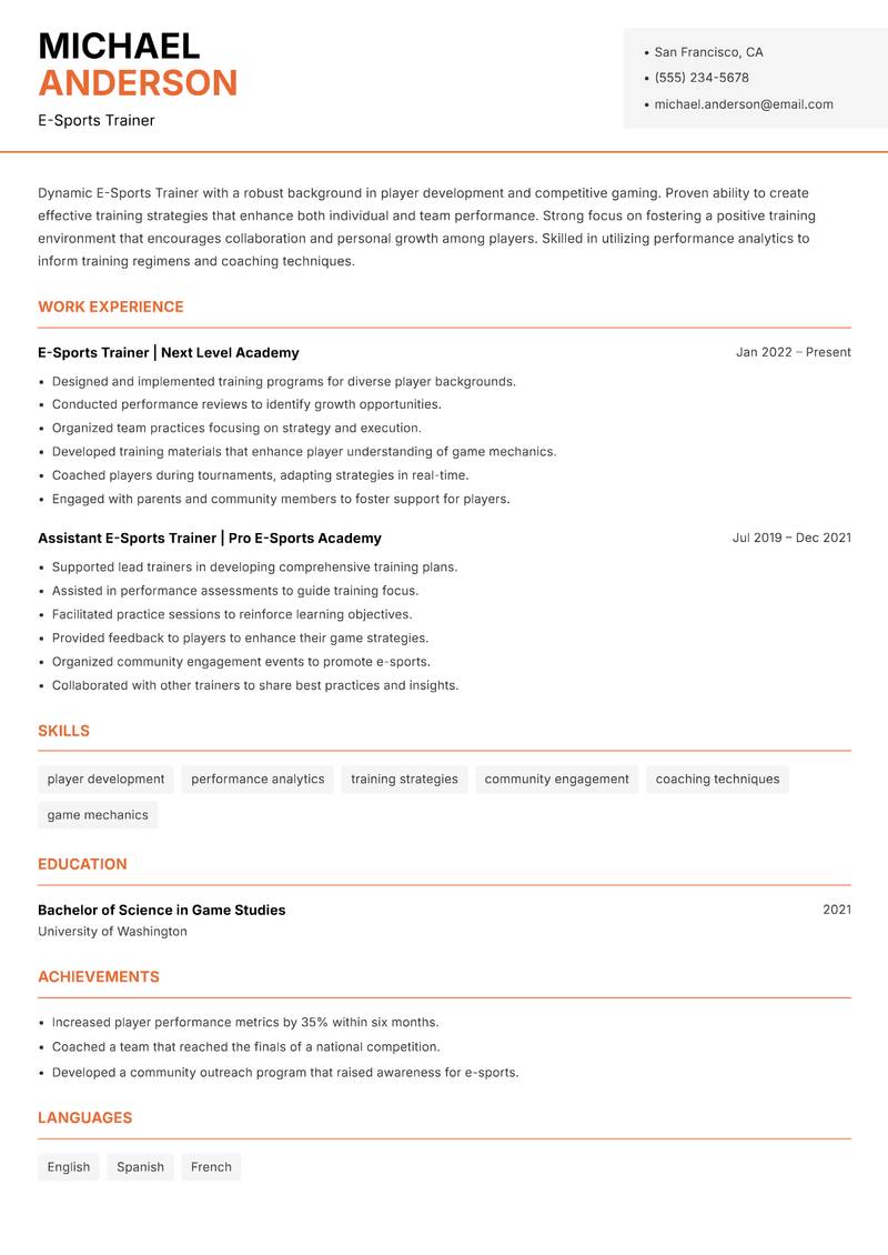 E-Sports Trainer resume sample — E-Sports Trainer focus