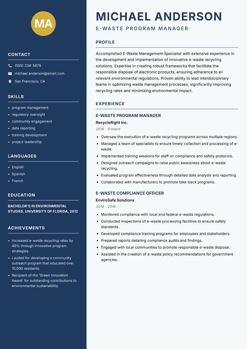 E-Waste Management Specialist resume sample — E-Waste Program Manager focus