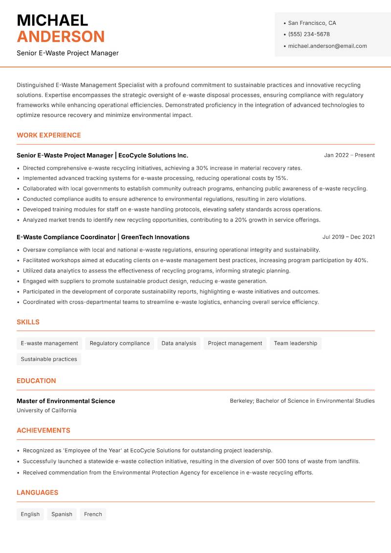 E-Waste Management Specialist resume sample — Senior E-Waste Project Manager focus