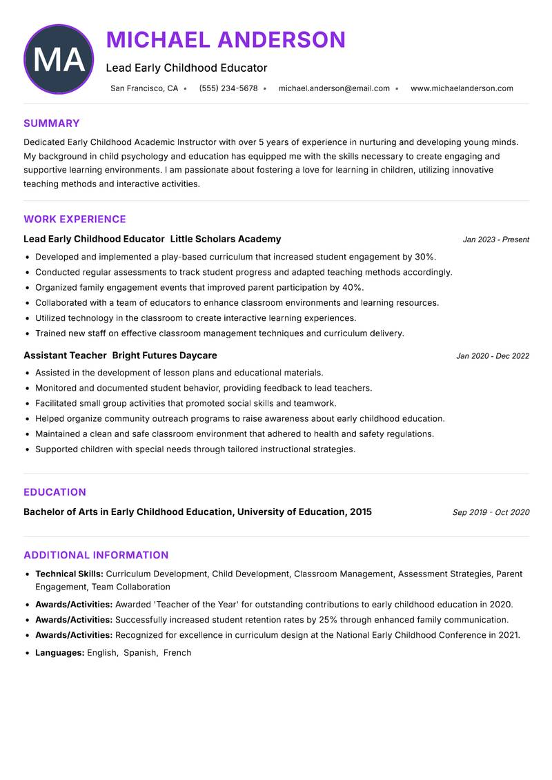 Early Childhood Academic Instructor resume example