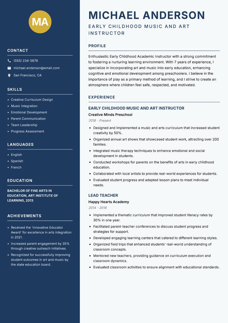 Early Childhood Academic Instructor resume sample — Early Childhood Music and Art Instructor focus