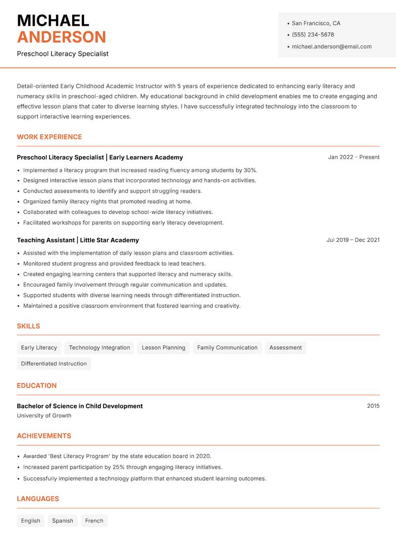Early Childhood Academic Instructor resume sample — Preschool Literacy Specialist focus