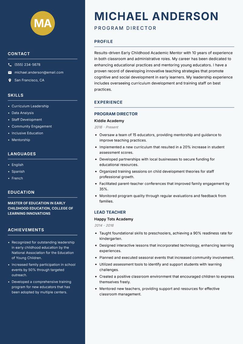 Early Childhood Academic Mentor resume sample — Program Director focus
