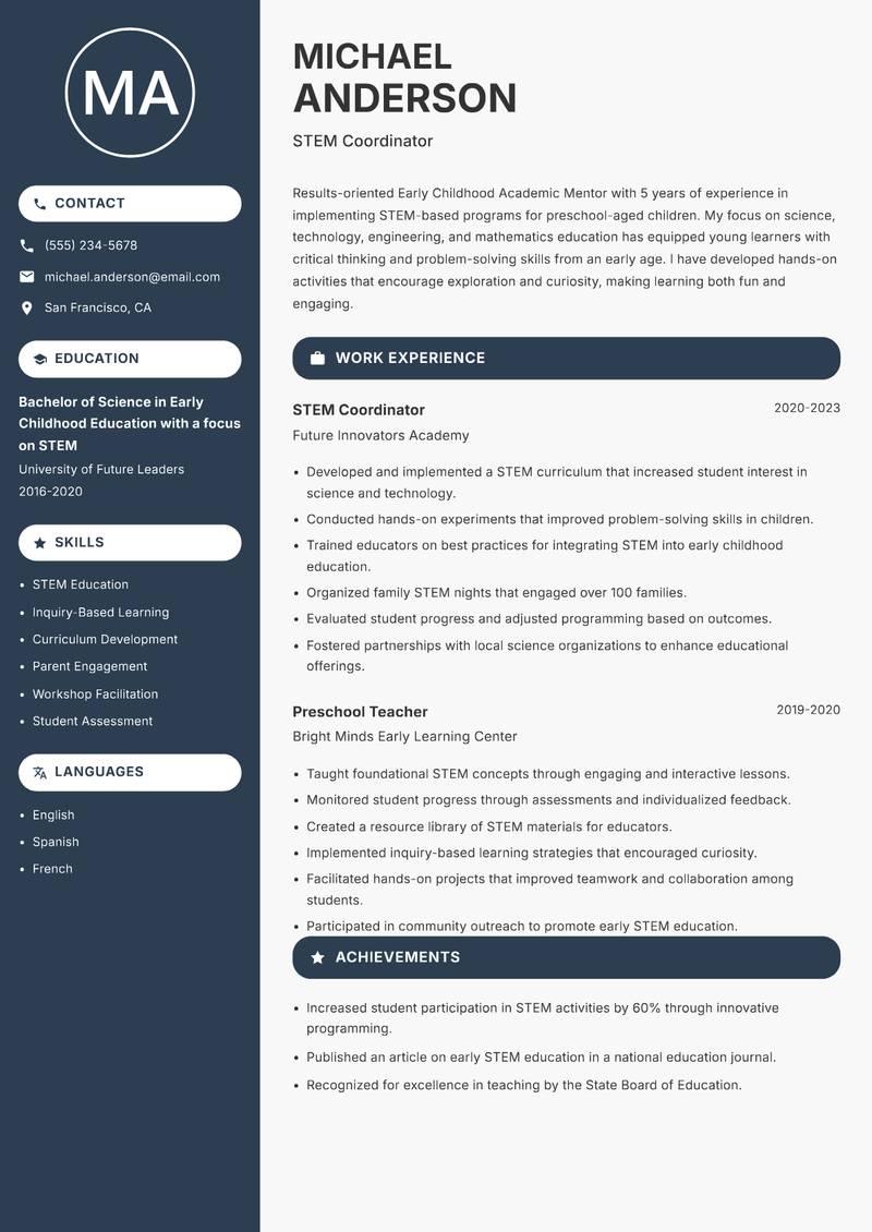 Early Childhood Academic Mentor resume sample — STEM Coordinator focus