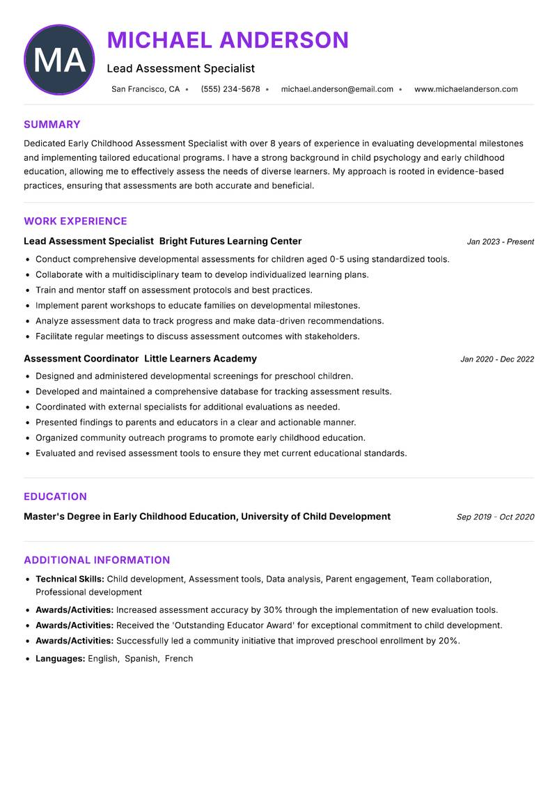 Early Childhood Assessment Specialist resume example
